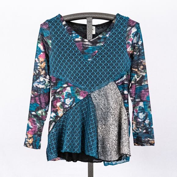 Mixed Media Colorful Art to Wear Top Women's Size SMALL Boho Abstract Patchwork - Picture 1 of 8